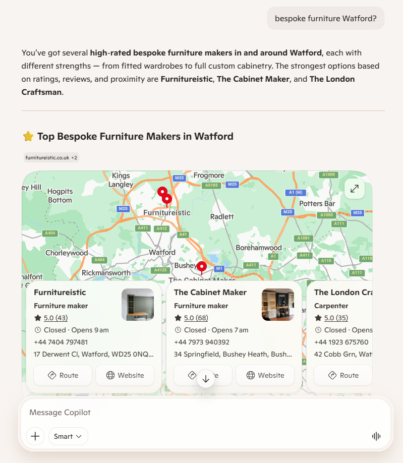 Furnitureistic observat in Copilot pentru bespoke furniture Watford